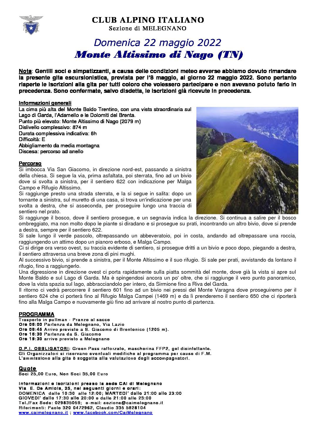 Domenica 22 maggio: escursione Monte Altissimo di Nago