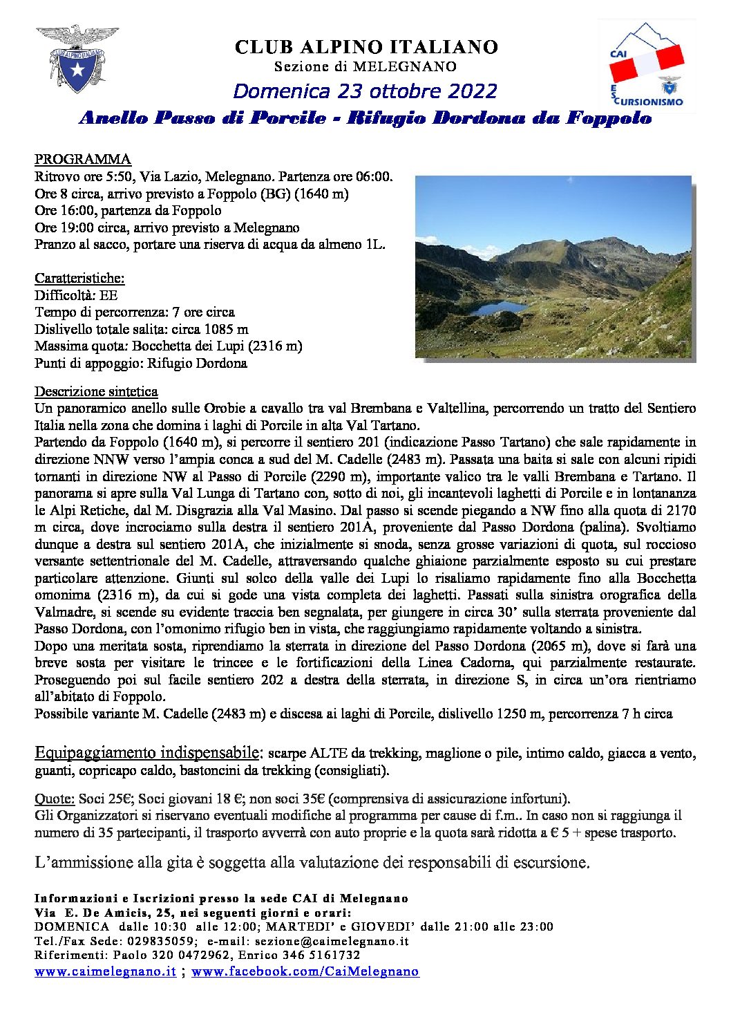 Anello Passo di Porcile – Rifugio Dordona da Foppolo