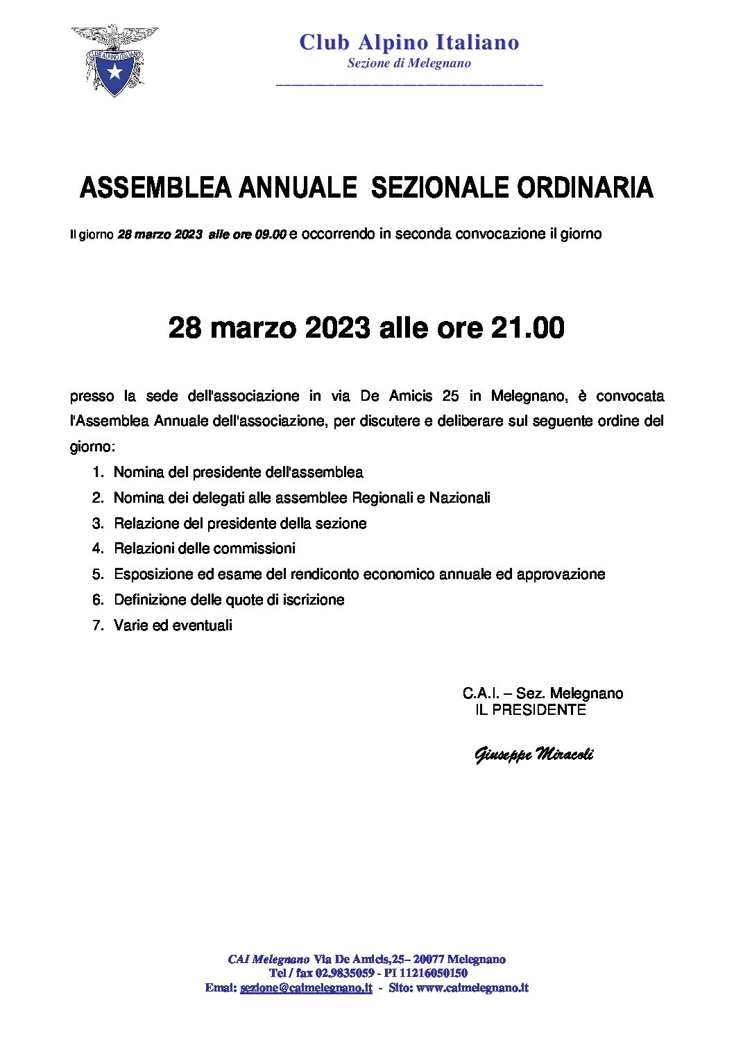 CONVOCAZIONE ASSEMBLEA ANNUALE SEZIONALE ORDINARIA