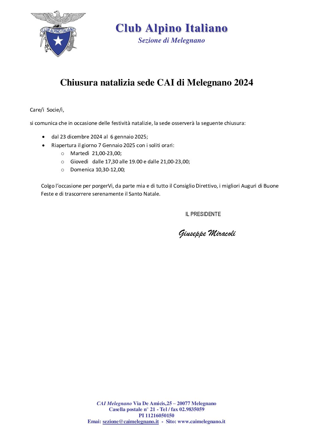 Chiusura sede CAI Melegnano per festività Natalizie